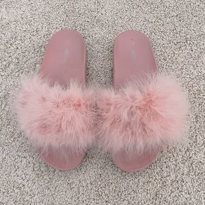 Ardene Pink Feather Slipper Slides - Size 8